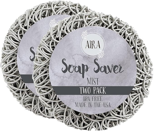 Aira Soap Saver - Soap Dish & Soap Holder Accessory - BPA Free Shower & Bath Soap Holder - Drains Water, Circulates Air, Extends Soap Life - Fits All Soap Dish Sets (Round Mist, 2 Pack)