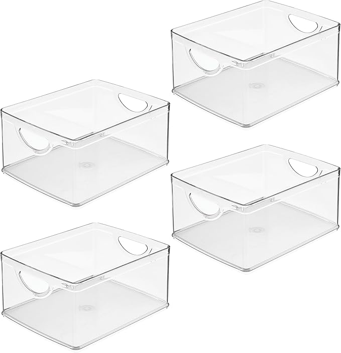 iDesign Plastic Stackable Kitchen Cabinet Storage Bin with Handles - Clear Pantry Organizer, 4-Pack