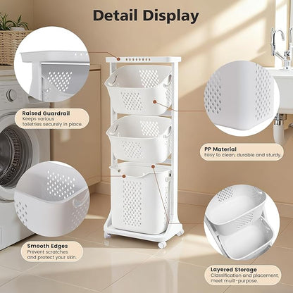 BAOKALER Rolling Laundry Hamper Cart with Wheels, 3 Tier White Laundry Baskets, Clothes Hamper with Portable Storage Baskets for Kitchens, Bathrooms, Bedrooms, Classrooms, Laundry Rooms(75L)