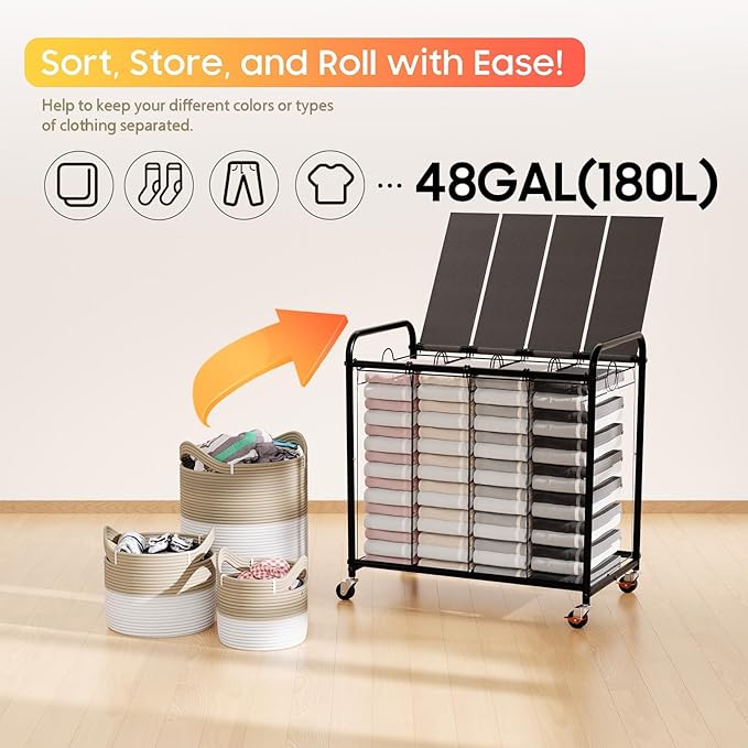 Laundry Sorter 4 Sections 48 Gal, Rolling Laundry Basket with Lockable Wheels and Lid, Laundry Hamper with 4 Separated Removable Bags Dirty Clothes Hamper for Laundry Room Organizer, Grey