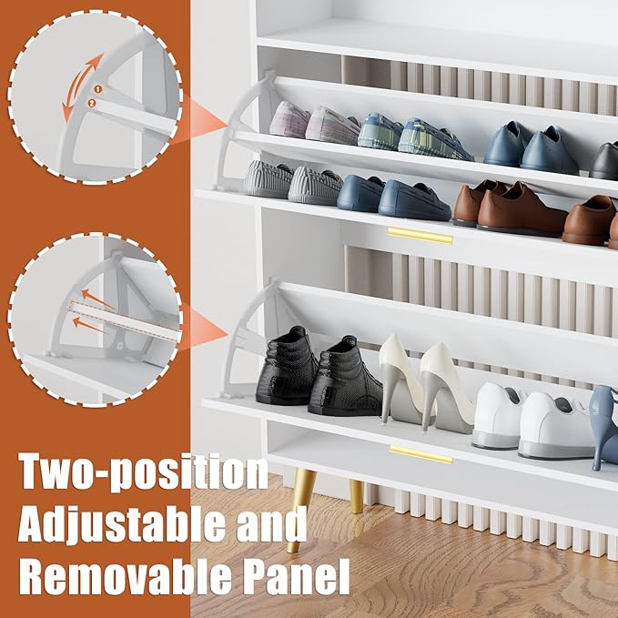 JOZZBY Shoe Cabinet for Entryway, White Narrow Shoe Storage Cabinet with 2 Flip Drawers, Freestanding Hidden Shoe Rack Storage with Open Shelves for Hallway, Living Room