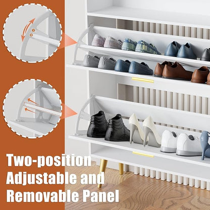 JOZZBY Shoe Cabinet for Entryway, White Narrow Shoe Storage Cabinet with 2 Flip Drawers, Freestanding Hidden Shoe Rack Storage with Open Shelves for Hallway, Living Room