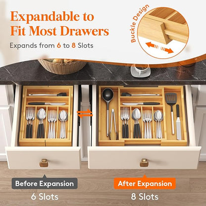 Lifewit Silverware Drawer Organizer, Expandable Utensil Tray for Kitchen, Flatware and Cutlery Holder, Wood Adjustable Storage for Spoons Forks Knives, 28-47 x 38cm, Natural