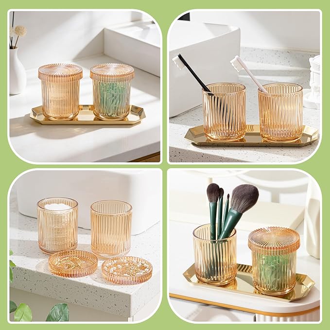 2 Pcs Crystal Glass Candy Jars Set with Lids and Stainless Steel Vanity Tray, Q tip Holder, Apothecary Jars, Glass Bathroom Accessories Organizer, Esthetic Modern Bathroom Decor(Amber)