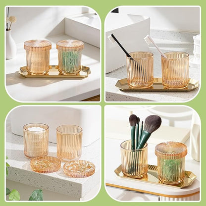 2 Pcs Crystal Glass Candy Jars Set with Lids and Stainless Steel Vanity Tray, Q tip Holder, Apothecary Jars, Glass Bathroom Accessories Organizer, Esthetic Modern Bathroom Decor(Amber)