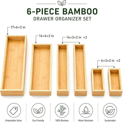 Bamboo Kitchen Drawer Organizer for Utensils, Set of 6 Stackable Silverware Tray for Drawer, Multi-Use Storage Bamboo Trays for Utensil Holde, Office, Makeup, Jewelry, Bathroom
