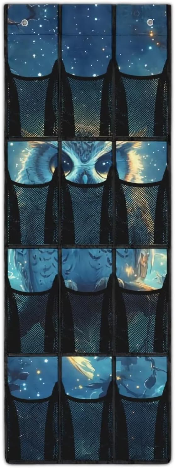 Owl Over The Door Shoe Organizer Space Saving Foldable Hanging Storage Holder 12 Mesh Pockets for Bathroom Bedroom