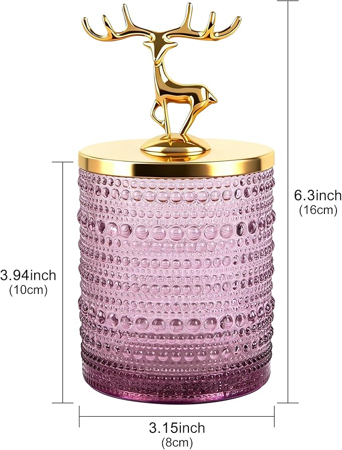 2 Set Purple Glass Cotton Swab Jars with Gold Lids – Vanity Countertop Organizer Containers for Cotton Pads, Floss Picks, Bath Salts