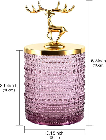 2 Set Purple Glass Cotton Swab Jars with Gold Lids – Vanity Countertop Organizer Containers for Cotton Pads, Floss Picks, Bath Salts