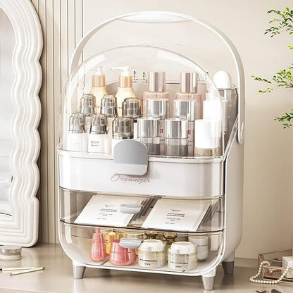 Makeup Organizer, Skincare Organizers with Clear Lid & 2 Drawers and 360° Rotating Brush Holder