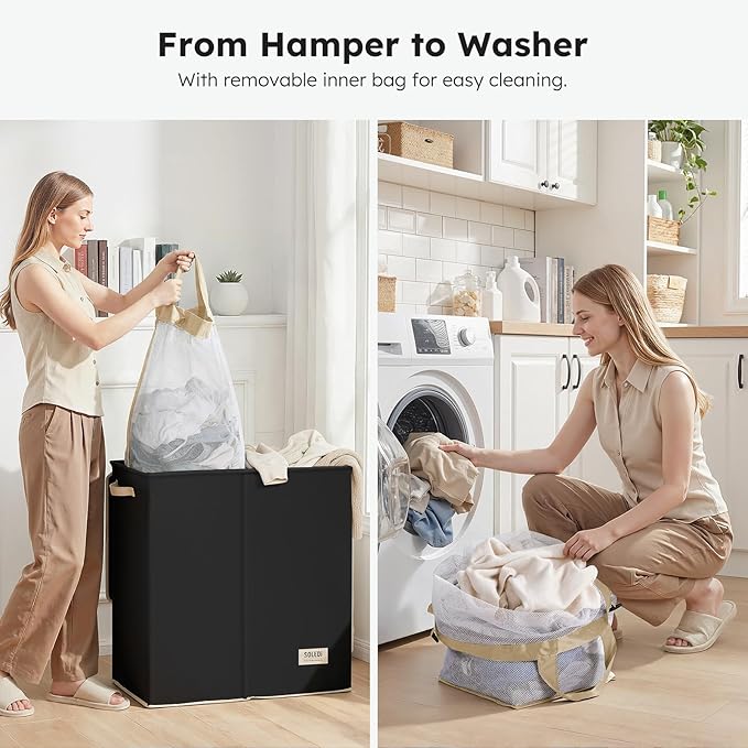 SOLEDI Large Double Laundry Hamper with Lid,165L Collapsible Clothes Hamper 2 section with Removable Bags, Space-Saving Laundry Basket for Bedroom, Dorm, College