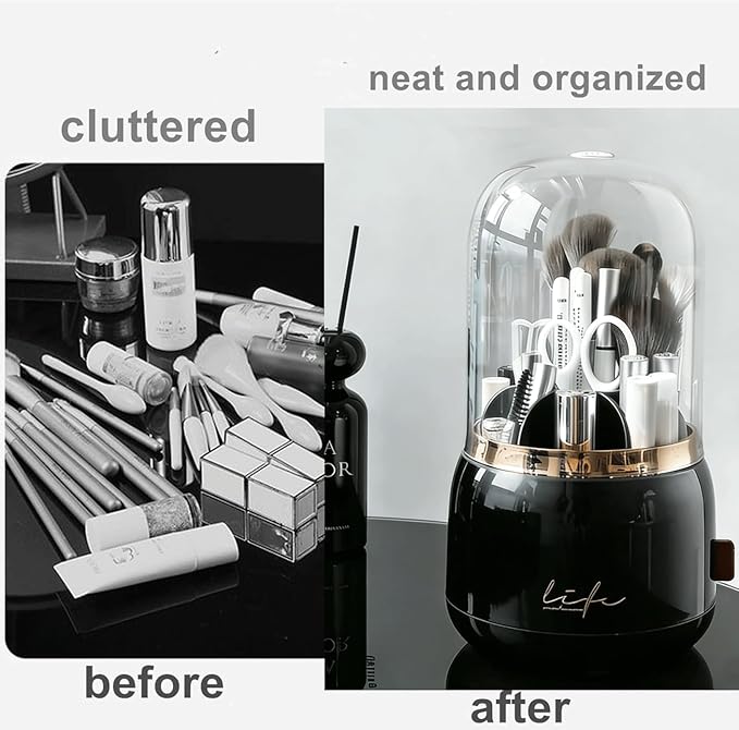 360 Rotating Makeup Brush Holder with Lid,Clear Dustproof Make Up Organizers for Vanity Countertop,Includes a Foldable Bowl for Cleaning Makeup Brush,Transparent, Dustproof -Black