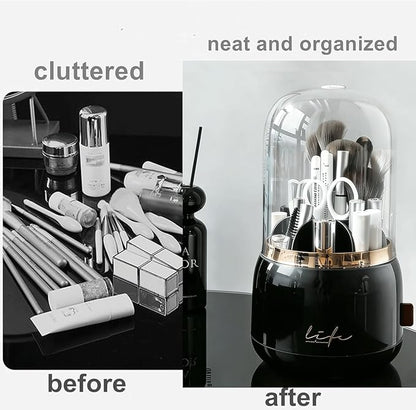 360 Rotating Makeup Brush Holder with Lid,Clear Dustproof Make Up Organizers for Vanity Countertop,Includes a Foldable Bowl for Cleaning Makeup Brush,Transparent, Dustproof -Black