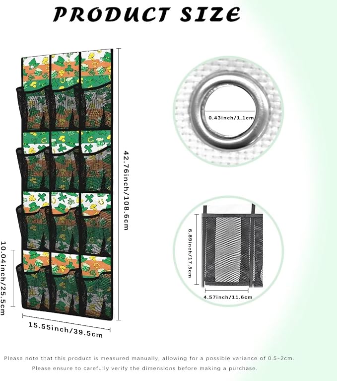 12-Compartment Over The Door Hanging Storage Bag, Waterproof Dirt-Resistant and Easy to Fold for Compact Storage, Lucky Leaf Green Hat Gold Coins Horseshoe Irish Flag