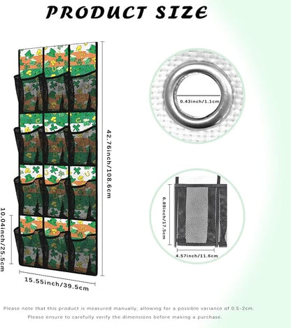 12-Compartment Over The Door Hanging Storage Bag, Waterproof Dirt-Resistant and Easy to Fold for Compact Storage, Lucky Leaf Green Hat Gold Coins Horseshoe Irish Flag
