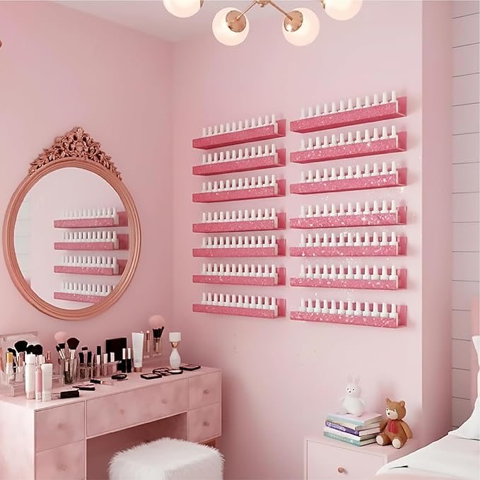 4 Pack 15 Inch Nail Polish Organizer，Diamond Crystal Rhinestone Acrylic Nail Polish Organizer，Sunglasses Essential Oil Picture Display Storage Pink