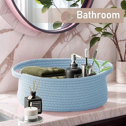 JMvicyroam Woven Basket,Small Rope Storage Bin with Handles & Ribbon Bag, Organizer for Shelves Closets,Gift Basket Empty for Birthday,Books,Dog Toys, Blue/3 Pack