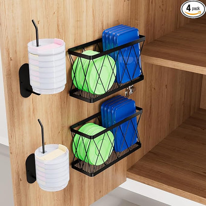 YIGII Kitchen Cabinet Organizer, 4 Pack Over Cabinet Door Organizer with 2 Baskets & 2 Lid Holders, Inside Cabinet Food Container/Tumbler Lid Storage, Pot Lid Holders, Black