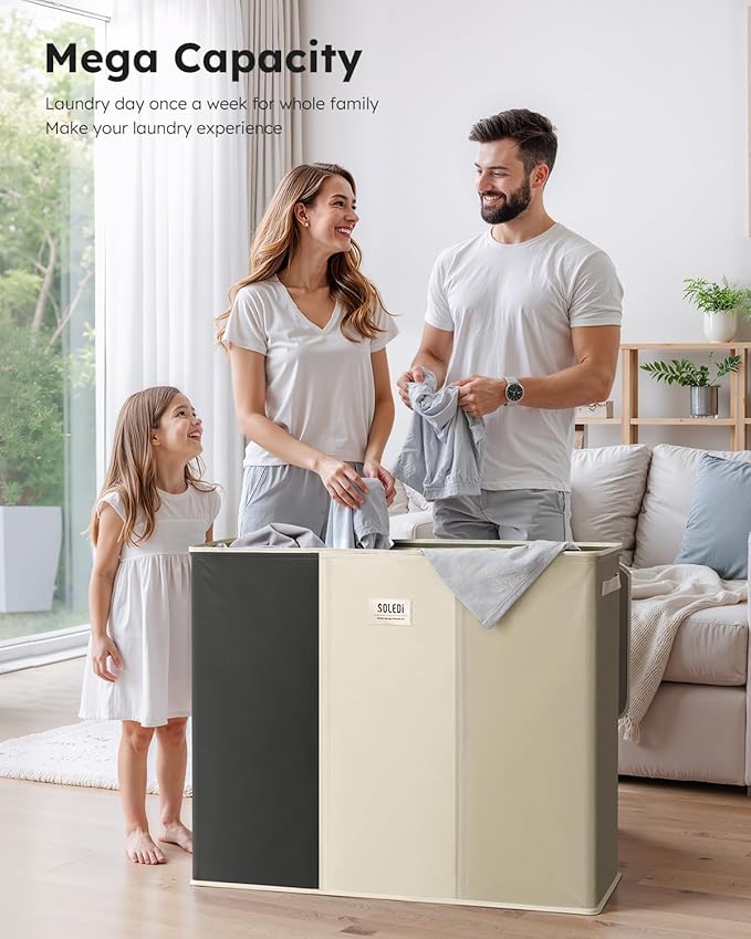 SOLEDI 180L 3-Section Laundry Hamper with Lid, Extra Large Dirty Clothes Basket with Sturdy Handles for Laundry Room & Bedroom - Durable Organizer for Sorting Laundry