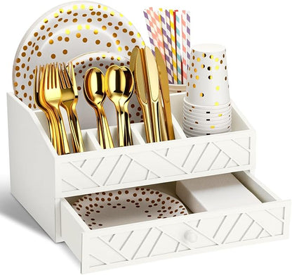Marsui Paper Plate Dispenser, Wood Rustic Paper Plate Holder for Countertop with Drawer Silverware Utensil Caddy, Cutlery Flatware Organizer for Spoon Fork Napkins Kitchen Parties(White)