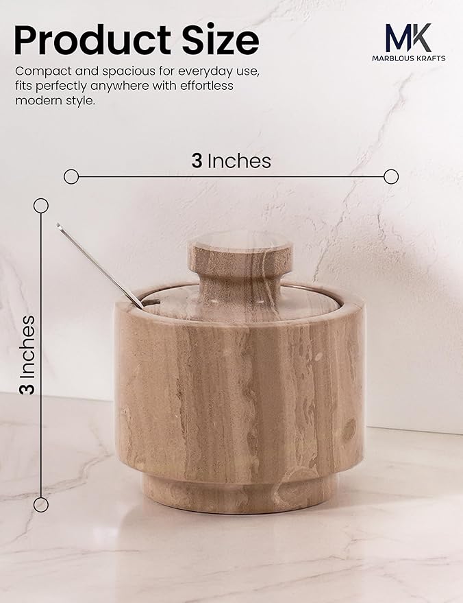 Marble Salt Cellar with Lid and Spoon 3" Inch Natural Brown Salt and Pepper Dish, Sugar and Salt Bowls Countertop, Coffee Container, Spice Jars, Candy Jar, Ideal Mother’s Day Gift for Mom