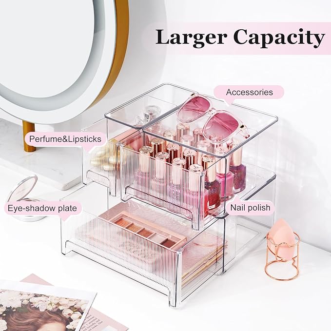 Clear Stackable Makeup Organizer, 3 Pack Plastic Drawer Storage with Handle for Vanity Bathroom Countertop, Transparent