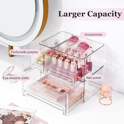 Clear Stackable Makeup Organizer, 3 Pack Plastic Drawer Storage with Handle for Vanity Bathroom Countertop, Transparent