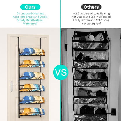 HapiRm Over the Door Hat Organizer - 6 Tier Wall Mounted Hat Rack with 6 Adjustable Metal Basket, Baseball Caps Organizer Storage Holds up to 60 Caps for Door, Bedroom, Closet (Black)