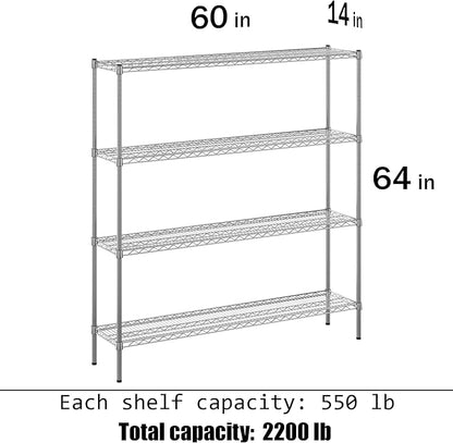 14" Deep x 60" Wide x 64" Height Wire Shelving Kit | 4-Tier | NSF Commercial Storage Rack Unit