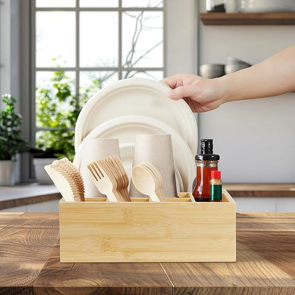 Bamboo Utensil Holder for Party, 6-Compartment Paper Plate and Silverware Organizer with Handles, Utensil Caddy for Parties, Outdoor Gatherings, and Kitchen Countertop Organization