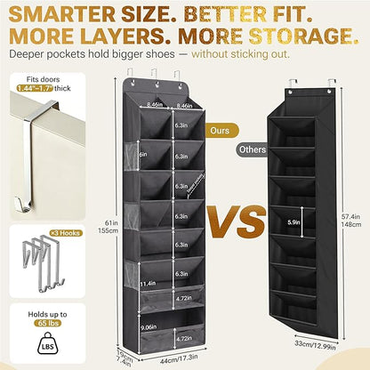 HOMELUX THEORY 8 Tiers Over The Door Shoe Organizer - 100D Extra Thick Shoe Rack for Closet, 6 Deep Side Pockets Shoe Rack for Entryway & Hanging Shoe Organizer for Closet for Boots (V2, Transparent)