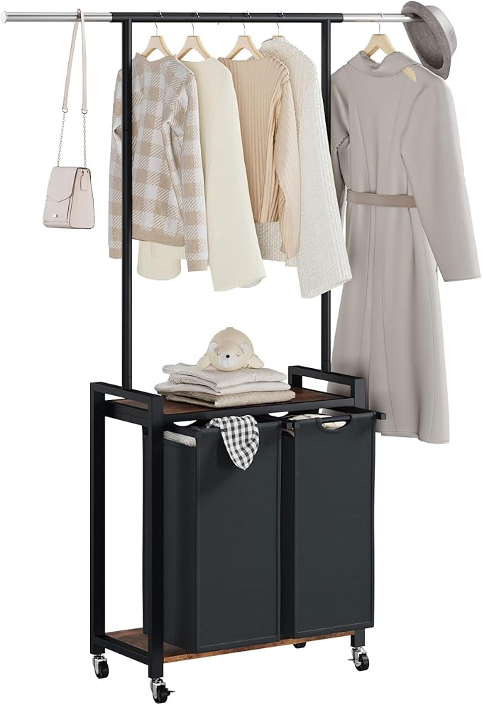 IDEALHOUSE 2-Section Laundry Sorter,Rolling Laundry Hamper with Hanging Rack & Shelf, 2× 11.7 Gal (44.3 L), Basket Organizer with Lockable Wheels,Folding Station for Bedroom, Bathroom