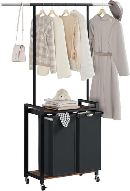 IDEALHOUSE 2-Section Laundry Sorter,Rolling Laundry Hamper with Hanging Rack & Shelf, 2× 11.7 Gal (44.3 L), Basket Organizer with Lockable Wheels,Folding Station for Bedroom, Bathroom