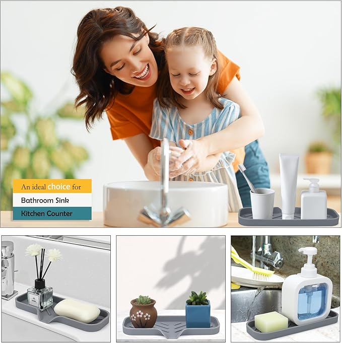 Silicone Bathroom Soap Dishes, Sponge Holder for Kitchen Sink, Shower Soap Holder with Drain, Soap Dispenser Tray, Soap Dish for Bottle, Cup, Sink or Counter Organizer - Gray 9" x 3.15"