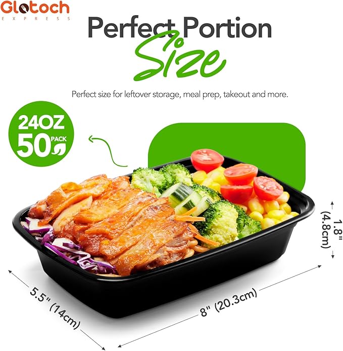 Glotoch 100-Piece (50-Pack) 24 OZ Meal Prep Containers Reusable with Lids, Sturdy Leakproof & Food Safe, Microwave, Freezer, Dishwasher Safe To Go Food Containers, Plastic Take Out Containers, Black