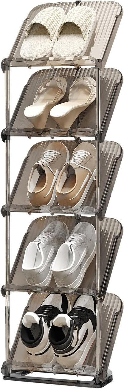 YYW Narrow Shoe Rack Vertical Shoes Rack for Entryway Corner Shoe Storage Organizer for Small Spaces Transparently Tall Slim Shoe Shelf for Front Door Entrance Living Room Grey 5 Layers