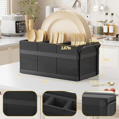 Wood Silverware Caddy Paper Plate Dispenser Utensil Caddy, Cutlery Holder for Party Cutlery Flatware Organizer Box for Knives, Spoons, Cups, Forks, Napkins
