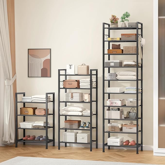 usikey 10 Tiers Narrow Shoe Rack 20-30 Pairs, Sturdy Metal Tall Shoe Rack Shelf with 4 Hooks, Slim Shoe Storage with Metal Shelf, Space Saving Vertical Shoe Organizer for Entryway Black UNYXJX018H