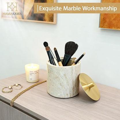 Nartural Marble Qtip Holder with Brass Lid, Beige Travertine Cotton Swab Jar, Modern Round Canister, Small Apothecary Storage Jars for Bathroom, Bedroom, Vanity, Kitchen Cabinet