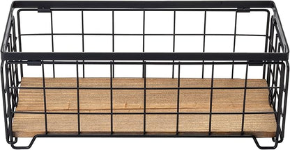 Metal Wire Storage Basket, Toilet Paper Roll Holder Wood Base Countertop Decor Box Toilet Tank Shelf Cabinet Organizer for Bathroom Pantry Garage Bedroom Livingroom - Black