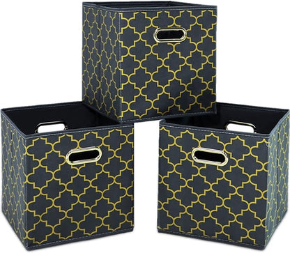 Fabric Cloth Storage Bins,Fabric Cube Organizer with Dual Handles Foldable Cube Storage Baskets for Home Bedroom Storage,Set of 3,(Grey Gold)