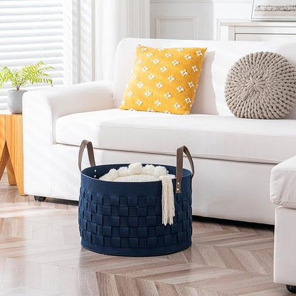 BOLDMONKEY Laundry Basket 20" x20 " x11.8 ",Extra Large Round Blanket Basket with Leather Handle, Felt Storage Basket for Living Room, Nursery, Dog Toys-Navy Blue
