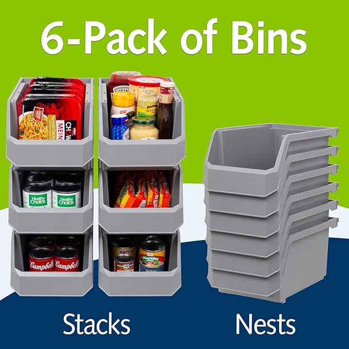 ReadySpace Plastic Containers for Organizing and Storage Bins for Closet, Kitchen, Office, Garage or Pantry Organization, Stackable Bins, Large (14.8" x 8" x 7"), 6-Pack, Grey