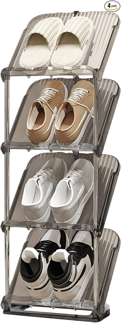 YYW Narrow Shoe Rack Vertical Shoes Rack for Entryway Corner Shoe Storage Organizer for Small Spaces Transparently Tall Slim Shoe Shelf for Front Door Entrance Living Room Grey 4 Layers
