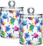 ALAZA 2pcs Multicolor Watercolor Sea Turtle Qtip Holder Dispenser 14 oz Bathroom Storage Clear Apothecary Jars Containers Cotton Ball,Cotton Rounds,Floss Picks, Hair Clips, Food