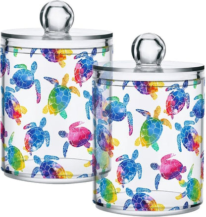 ALAZA 4pcs Multicolor Watercolor Sea Turtle Qtip Holder Dispenser 14 oz Bathroom Storage Clear Apothecary Jars Containers Cotton Ball,Cotton Rounds,Floss Picks, Hair Clips, Food
