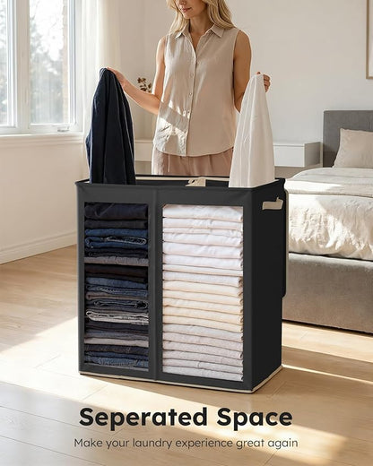 SOLEDI Large Double Laundry Hamper with Lid,165L Collapsible Clothes Hamper 2 section with Removable Bags, Space-Saving Laundry Basket for Bedroom, Dorm, College