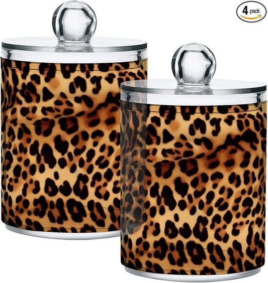Kigai Leopard Print Qtip Holder - 14OZ Clear Plastic Apothecary Jars Bathroom Canister Dispenser Organizer Vanity Storage Jar with Lid for Cotton Ball, Cotton Swab, Floss (4PACK)