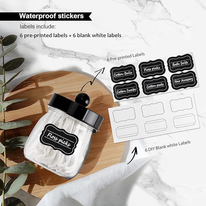 Farmhouse Decor Apothecary Jar Set, Mason Jar Bathroom Vanity Storage Organizer Canister-Qtip Holder Plastic Acrylic Jar for Cotton Swab, Cotton Pad, Floss Pick, Paper Clip, Hair Clips (4 Pack, Black)
