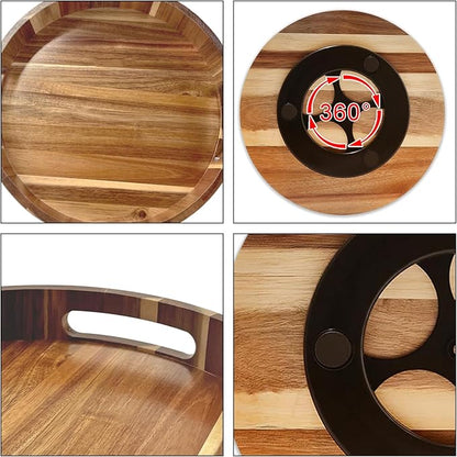 Acacia Wooden Lazy Susan for Table Top-12 Inch Wooden Lazy Susan Turntable with Double Handle-Large Acacia Wooden-Spice Organizer for Countertop, Table, Cabinet